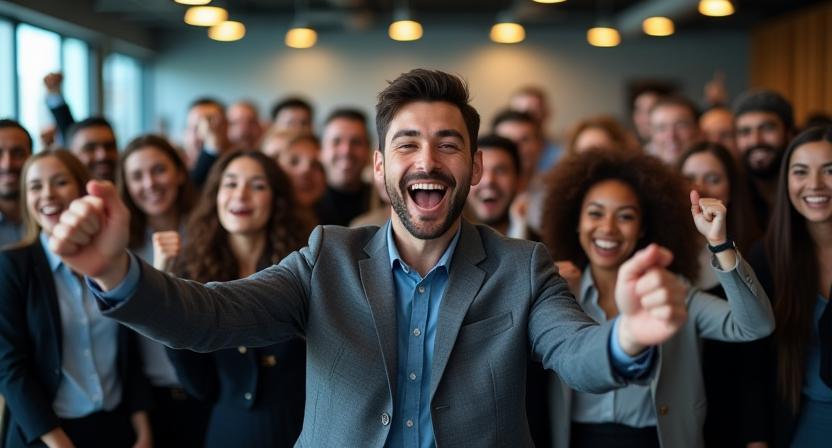 Excited professionals celebrating business success